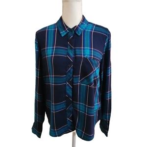 Time & Tru Blue Plaid Collared Button Down Top Shirt size m